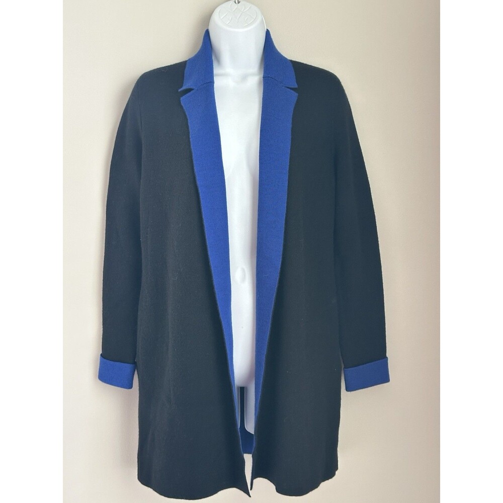 Talbots Merino Wool Cardigan Woman Small Petite Open Longline Black Royal Blue